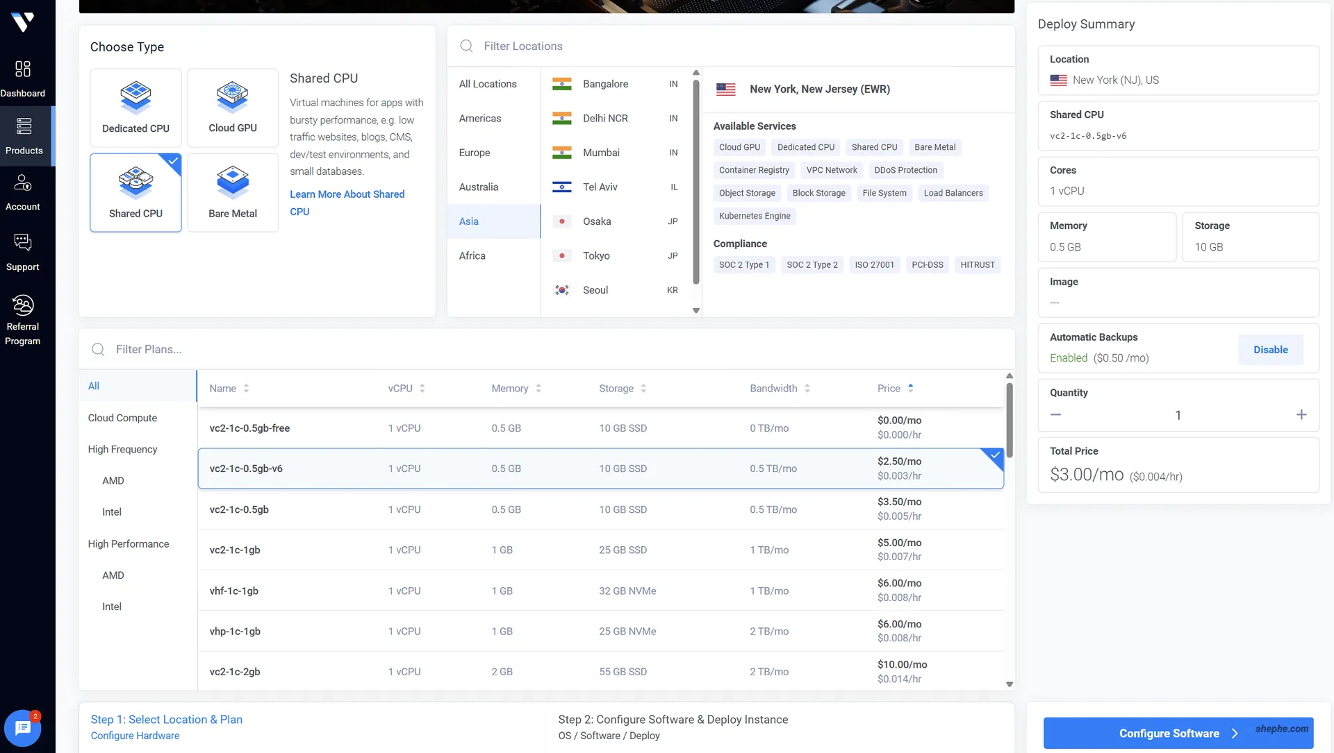 Vultr 后台购买页面